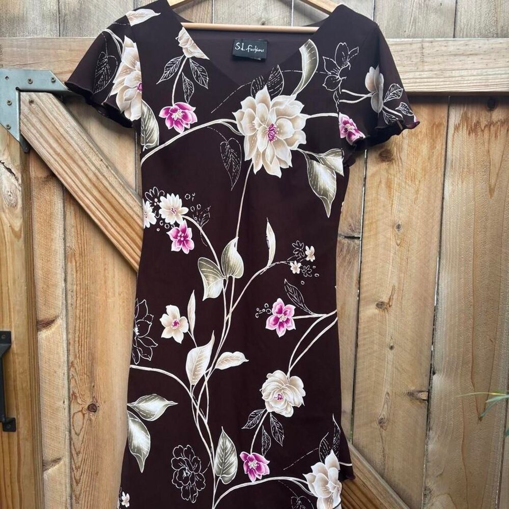 Vintage brown fairy ruffle dress with pink flowers